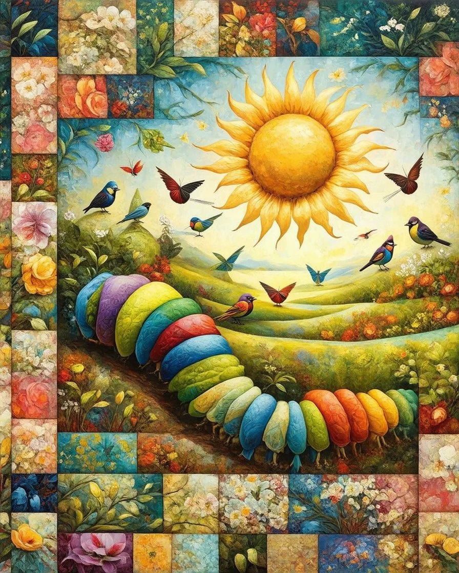 Patchwork by Meghan Duncanson and Jennifer Lommers and Didier Lourenço.kevin Sloan. Modifiers: oil on canvas 4k Michelangelo Enki Bilal Fairytale Disny Paradise birds Patchworks caterpillar Sun flouwer Silk collars oil on canvas