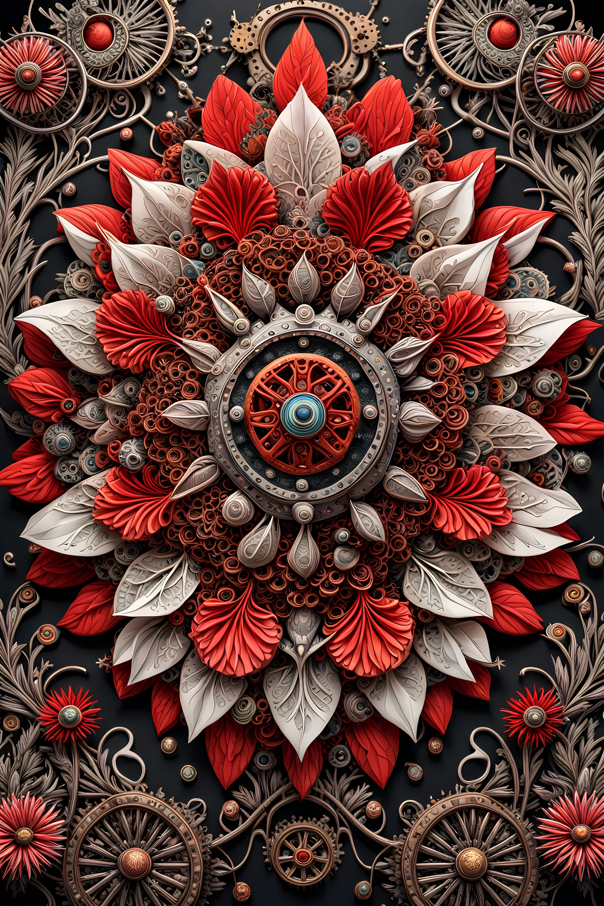 3D rendering of Expressively detailed and intricate of a hyperrealistic “flower”: symmetric, front view, colorful paint, tribalism, steampunk, shamanism, cosmic fractals, dystopian, octane render, volumetric lighting, 8k post-production, red and white, detailled metalic objects, dendritic, artstation: award-winning: professional portrait: atmospheric: commanding: fantastical: clarity: 16k: ultra quality: striking: brilliance: stunning colors: amazing