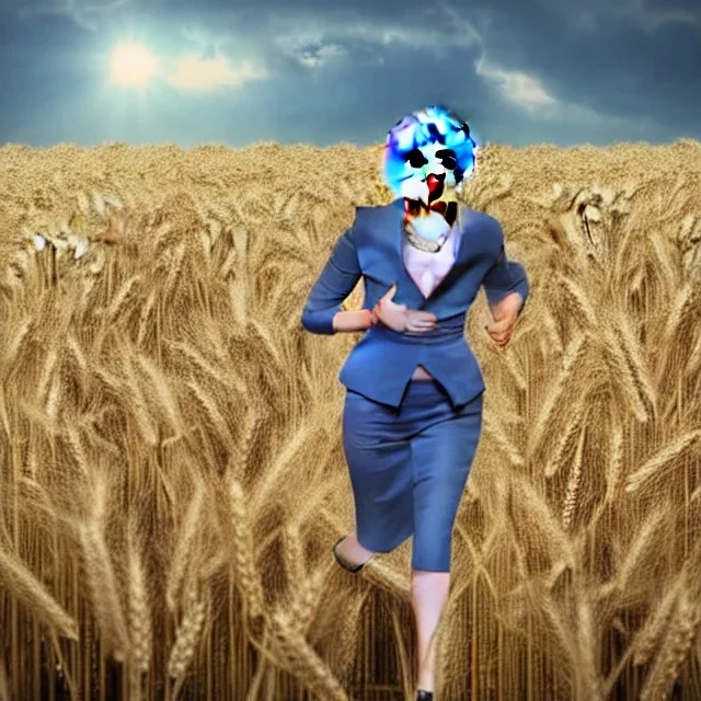 theresa may as a robot, running through fields of wheat, sunshine, daytime, dystopian