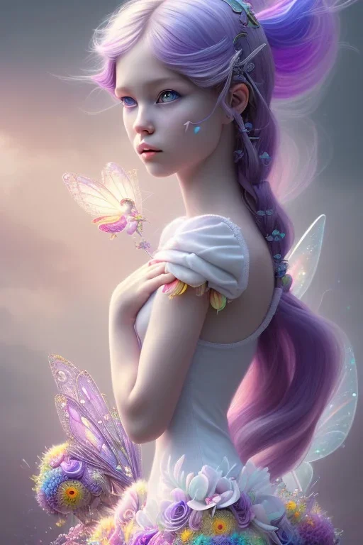 a little fairy girl, side profile, closed eyes, purple hair, colorful, white dress, rainbow flowers, in the style of Camilla d'Errico, hyper detailed, beautiful, complex, trending on artstation, cryengine, national geographic photo, chiaroscuro