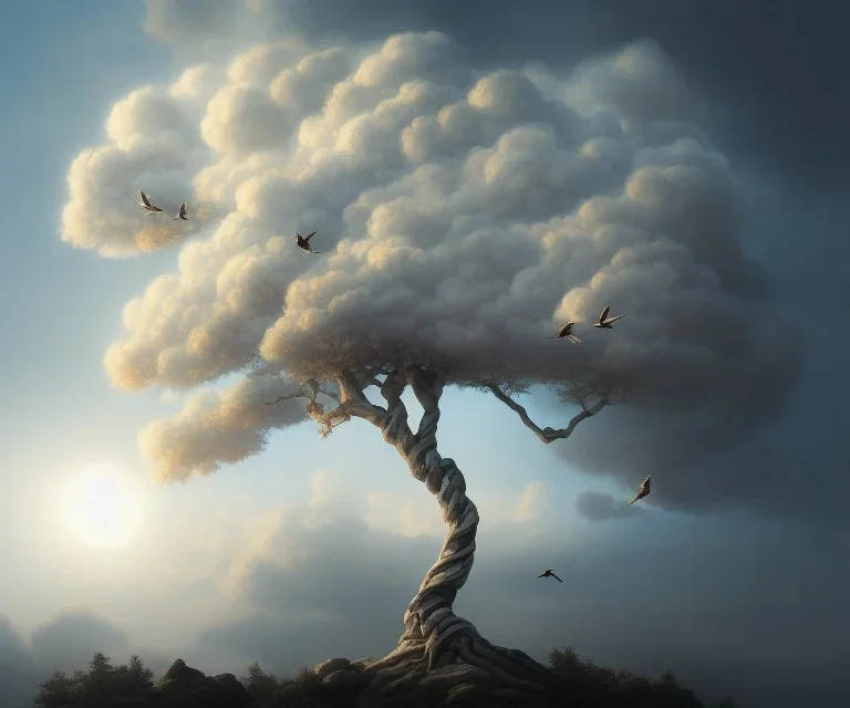 a beautiful digital painting of a marble tree entertwined in tumutluous clouds, intricate white branches and birds flying in the sunlight, blue sky at sunset, elegant, highly detailed, artstation, concept art, matte, sharp focus, art by tom bagshaw, kelogsloops and greg rutkowski