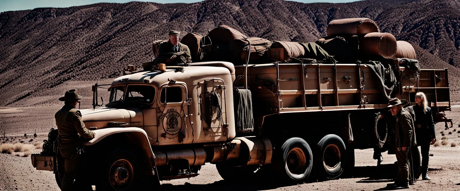 Long haul Trucker liberation army in guerrilla war, Alberta Desert, cinematic, Fuji Film, Anamorphic lens, 2040s, deep depth of field, in a Cyber punk WW3 film