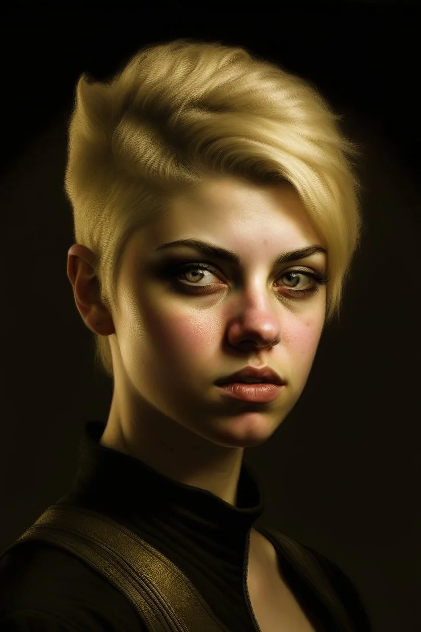 Portrait of a female fantasy half-orc, short blonde hair, Caravaggio style