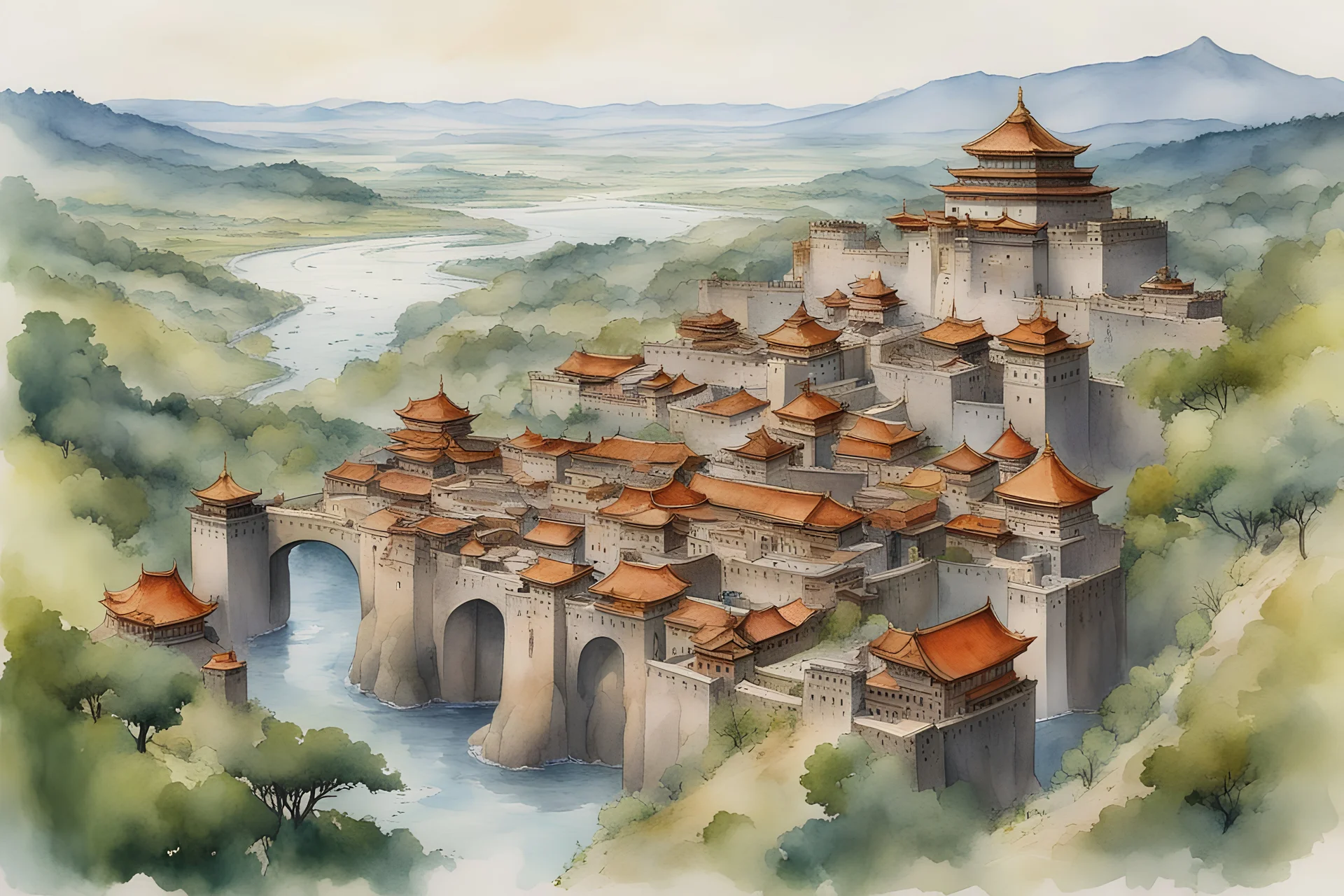 fantasy watercolor painting of a walled city with Mongolian empire architecture in a forested river valley surrounded by wooded hills with a vast plain in the distance