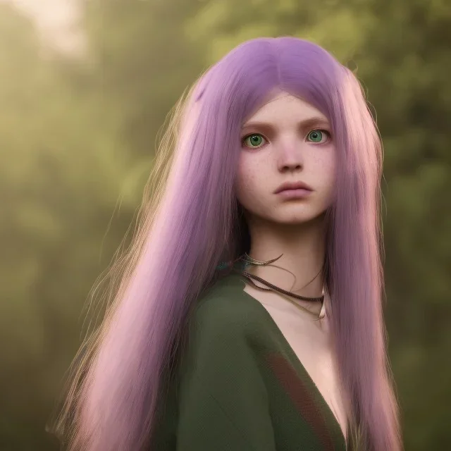 long purple haired human girl with bright green eyes, short horns