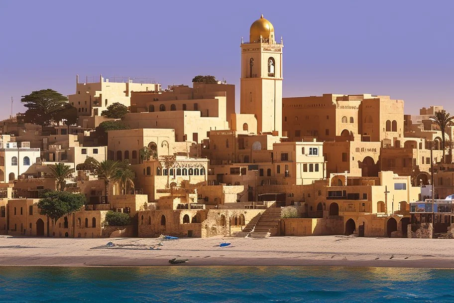 image taken of jaffa, by the sea shore, old stunning buildings, 4k, masterpice, award wining picture, realistic, higly detailed, in style of city of numemor from lord of the rings,