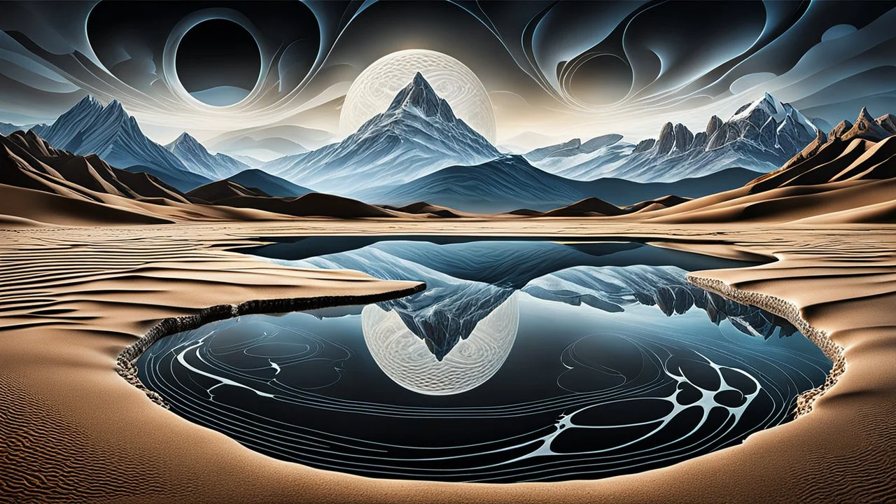 Abstract Landscape with surreal iced desert, mountains, iced water, reflections, sharp lights and shadows . The scene features circles, lines and ovals, all enhanced by overlapping, adding depth and dimension. In the scene old bones lying in sand in the right side. The sky is dramatic, filled with swirling dark clouds , creating an intense atmosphere. The color palette consists of rich, deep hues, watercolor and dark ink, like a dark dream