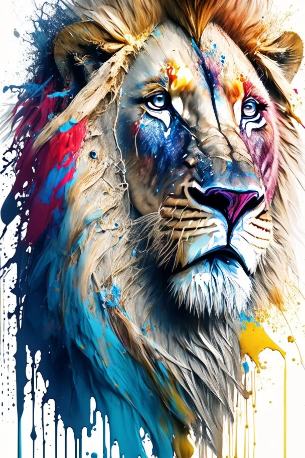 "lion", clean design, epic Instagram, art station, splash of colorful paint, contour, ((solid white background)), looking into camera, hyperdetailed intricately detailed, unreal engine, fantastical, cinema lighting, intricate detail, splash screen, complementary colors, fantasy concept art, 8k resolution, DeviantArt masterpiece, watercolor, paint dripping