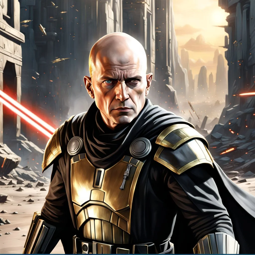 star wars bald male corellian jedi pilot wearing black and gunmetal grey old republic armored robes with gold trim, alone, battle-ready Jedi Master defending a ruined ancient city surrounded by golden light, centered head and shoulders portrait, hyperdetailed, dynamic lighting, hyperdetailed background, 8k resolution, volumetric lighting, light skin, fully symmetric details