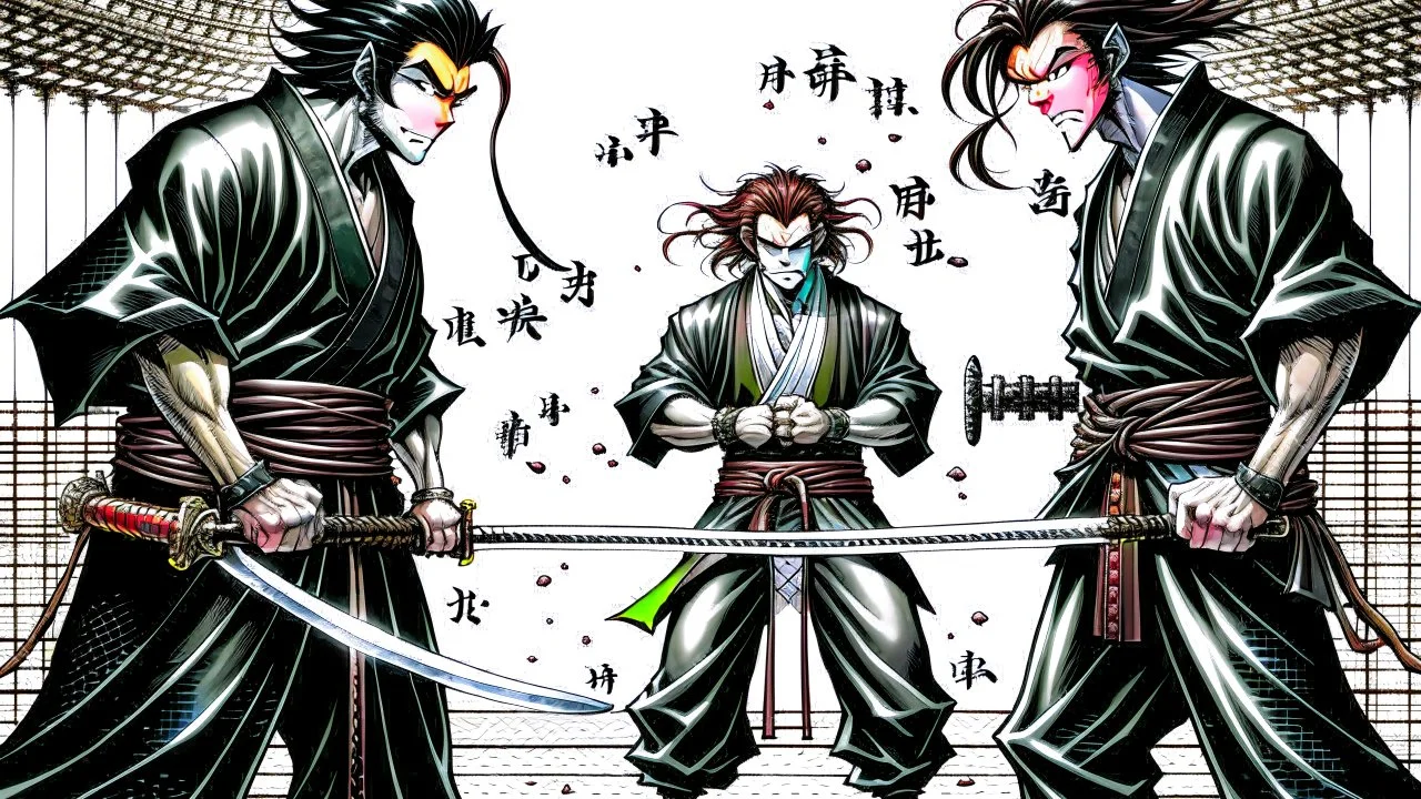 yujiro hanma vs yoriichi tsugukuni, baki vs kimetsu no yaiba, two mans standing in front of each other, a big strong man in black shirt with red hair and evil grin in martial art's stance facing a smaller feminine swordsman with long hair and calm face reaching for his sword in traditional japanese clothes both preparing to fight each other