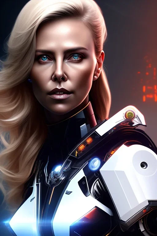 portrait full body, robot scifi with face charlize theron, many lights in body, eyes lights