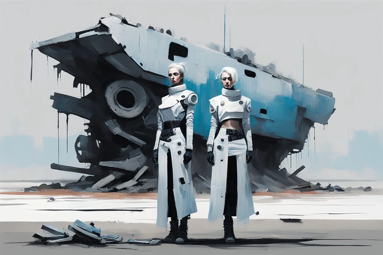 ((3)) determined cyberpunk women (wearing white khiton:2) standing in front of a howercar wreck, acrylic painting, minimal art, centered, wild sparse brushstrokes, amazing verticals, great parallels, low bleak colors of gray, blue and black, excellent negative space contrasts