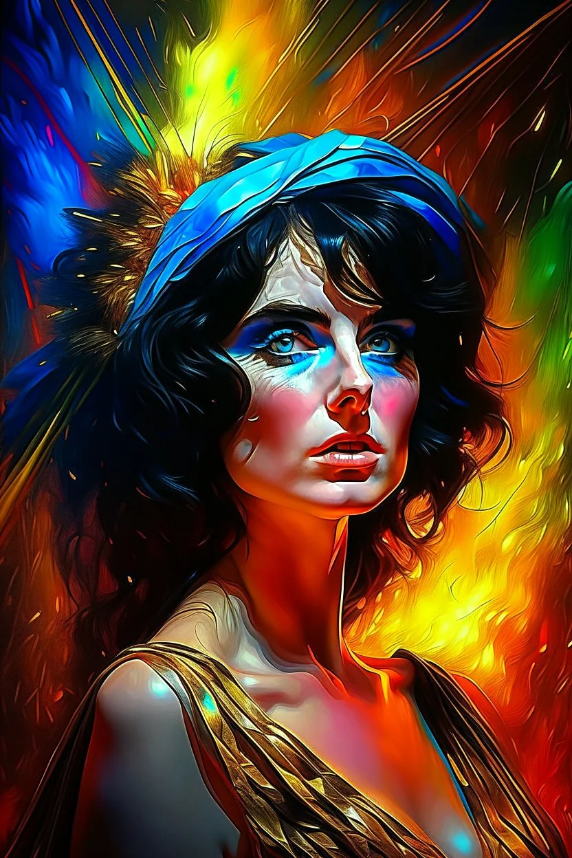 fire, lightning, wind, rain, volcanic lava, fireworks, explosions, multicolored neon lights, Elizabeth Taylor as Cleopatra in the art style of Leonardo De Vinci, oil paint on canvas, 32k UHD, hyper realistic, photorealistic, realistic, life-like, extremely detailed, extremely colorful, sharp beautiful professional quality,