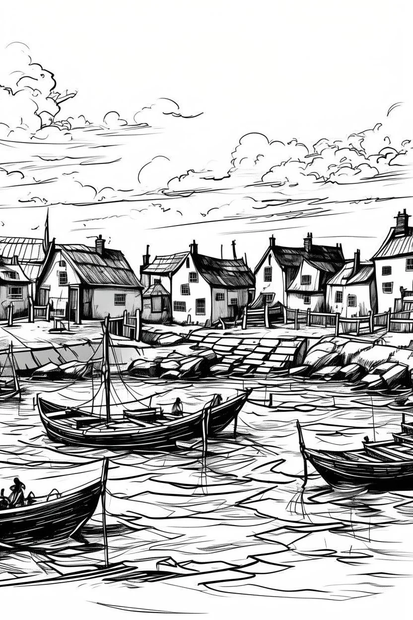 English fishing village blotchy ink minimalist loose outline sketch