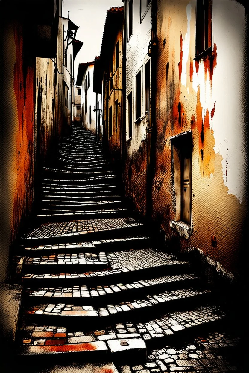 an old narrow and meandering stepped street in a picturesque town, the steps of the street are made of dirty old black and white (piano keyboards:1.6), watercolor over photography, tint leak, ink leak, colors of rust and warm grey and dirt of age, aged peeling walls, sad vibe