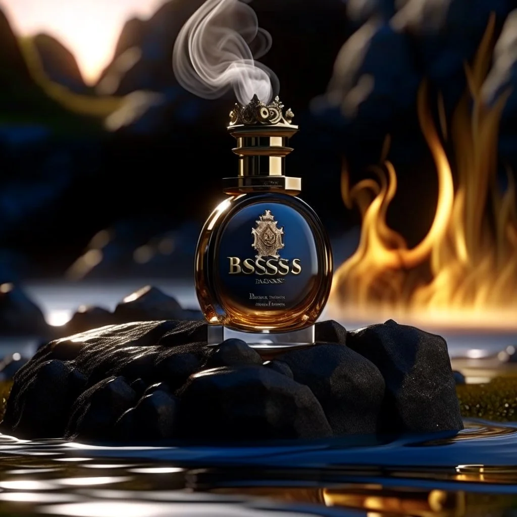 social media ad post for boss brand royal perfume .steam in the background. dramatic on rock cinematic croissant .cinematic,8k high cualitcy