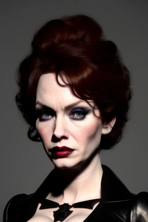 christina hendricks as evil queen in black leather, angry, stern look, volumetric lighting, particales,highly detailed,cinematic, deep colours,8