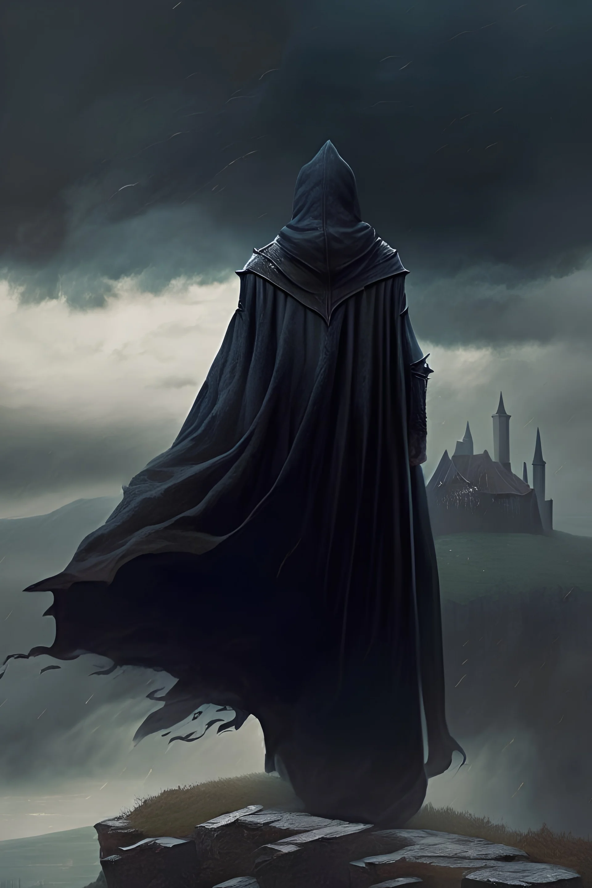 a back turned single male cloaked and hooded, wearing dark long robes floating with arms spread wide above a medieval keep, cloudy day