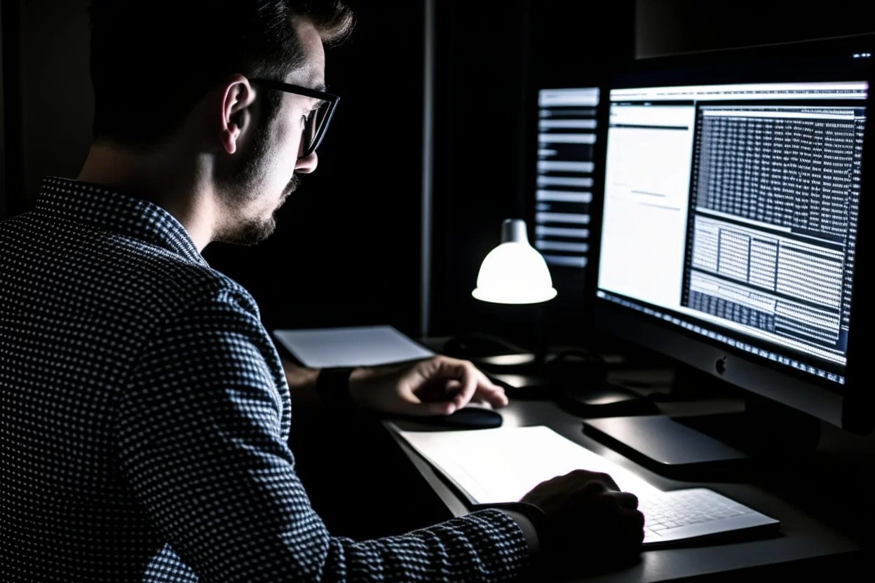 Someone sitting in front of a computer checking information and sources.
