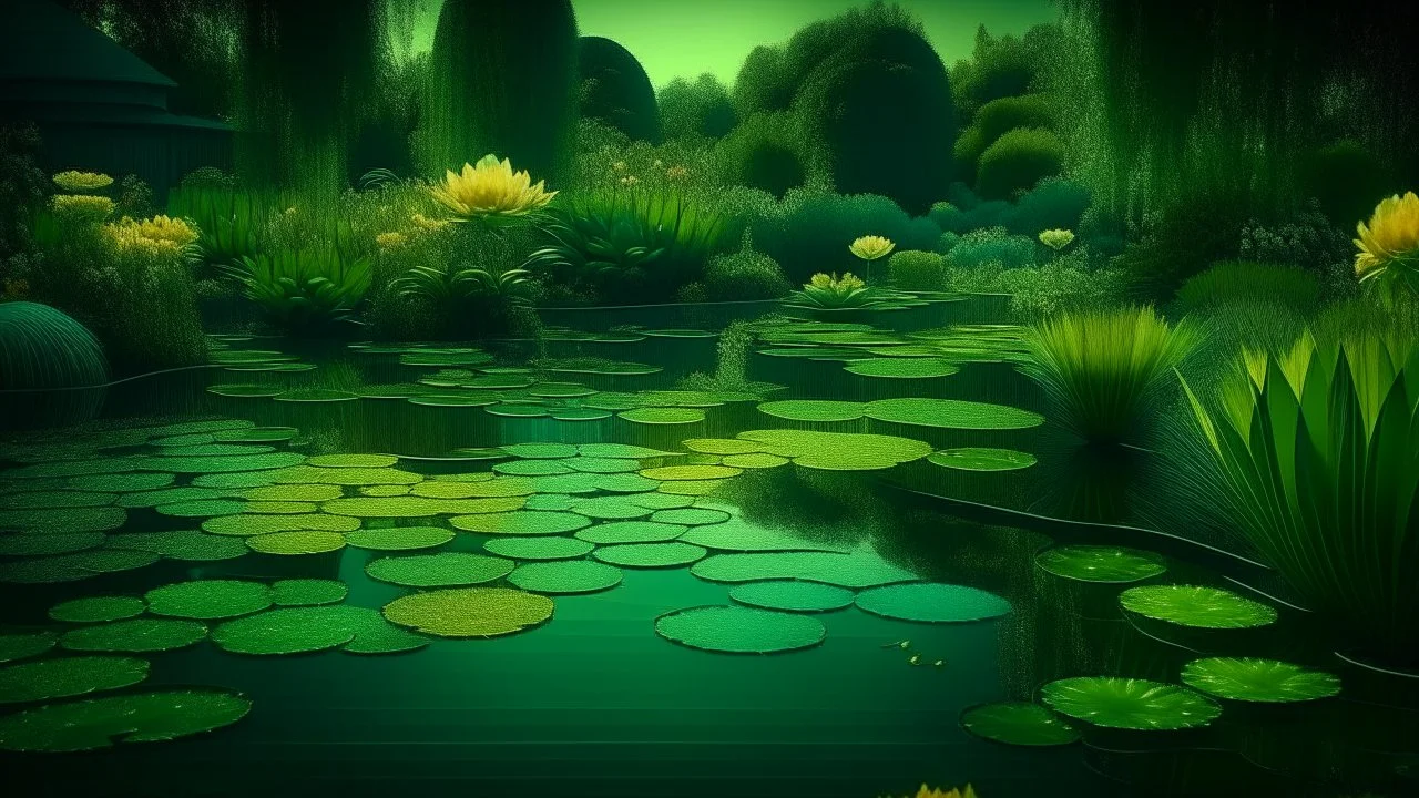 Contemplative, dreamy and realist photo of a technological garden with a lake. Shapes are very geometric, grainy and with a little blur. Colors are dark blue, golden brown and electric green. Light background.