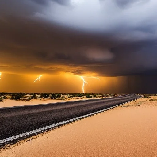 desert, storming, lightning, rain, dunes, gray, road, landscape