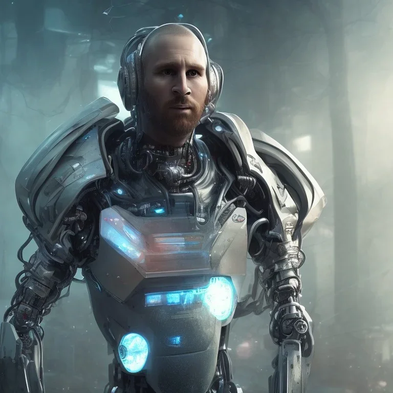 portrait,lionel messi robot, post-apocalyptic in a cyberpunk city, realistic, intriacte detail, sci-fi fantasy style, volumetric lighting, particales,highly detailed,cinamatic, deep colours,8k