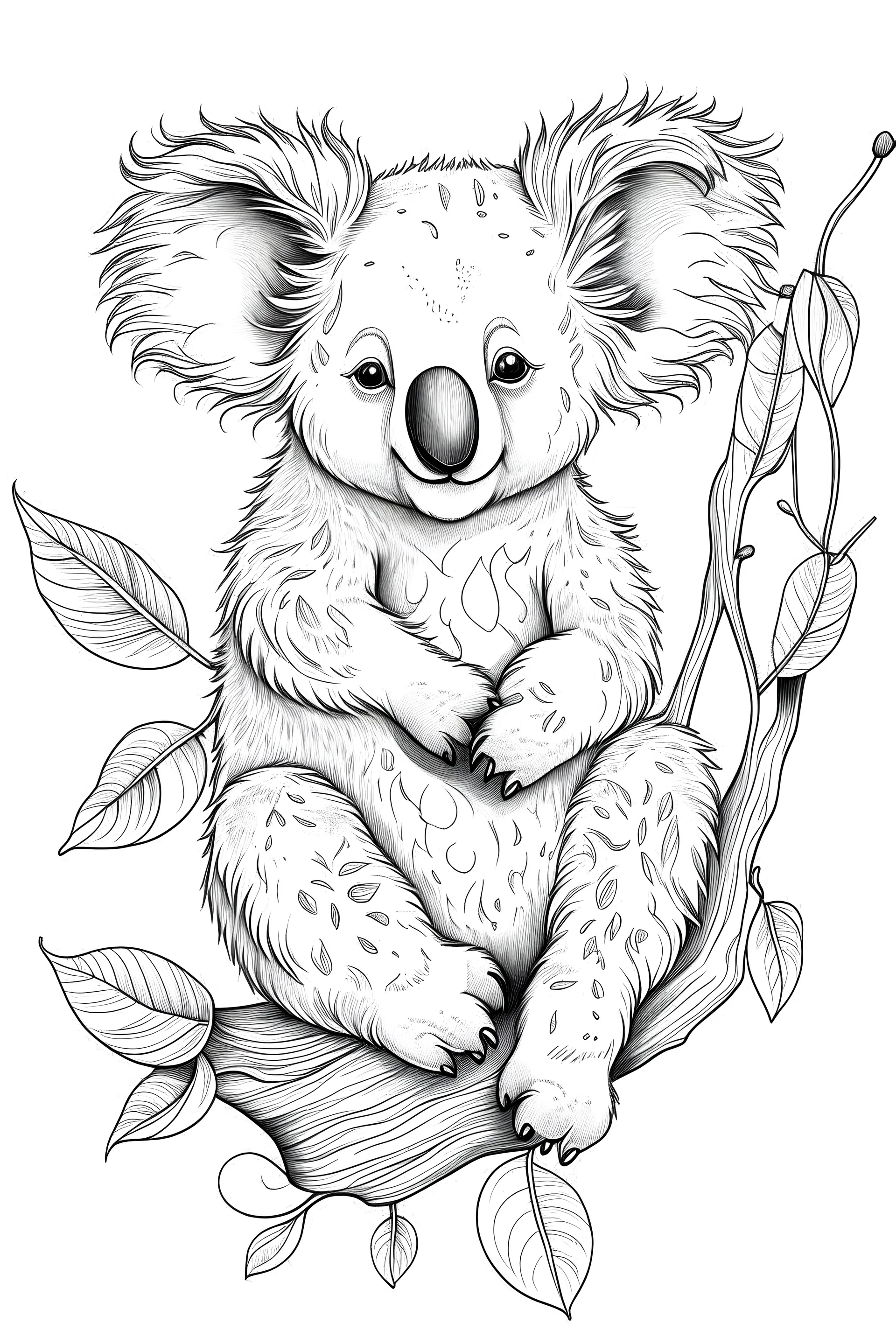 Draw fluffy koala sitting in a tree with a cute pouch., clean line art, white background, no shadows, black and white coloring book.