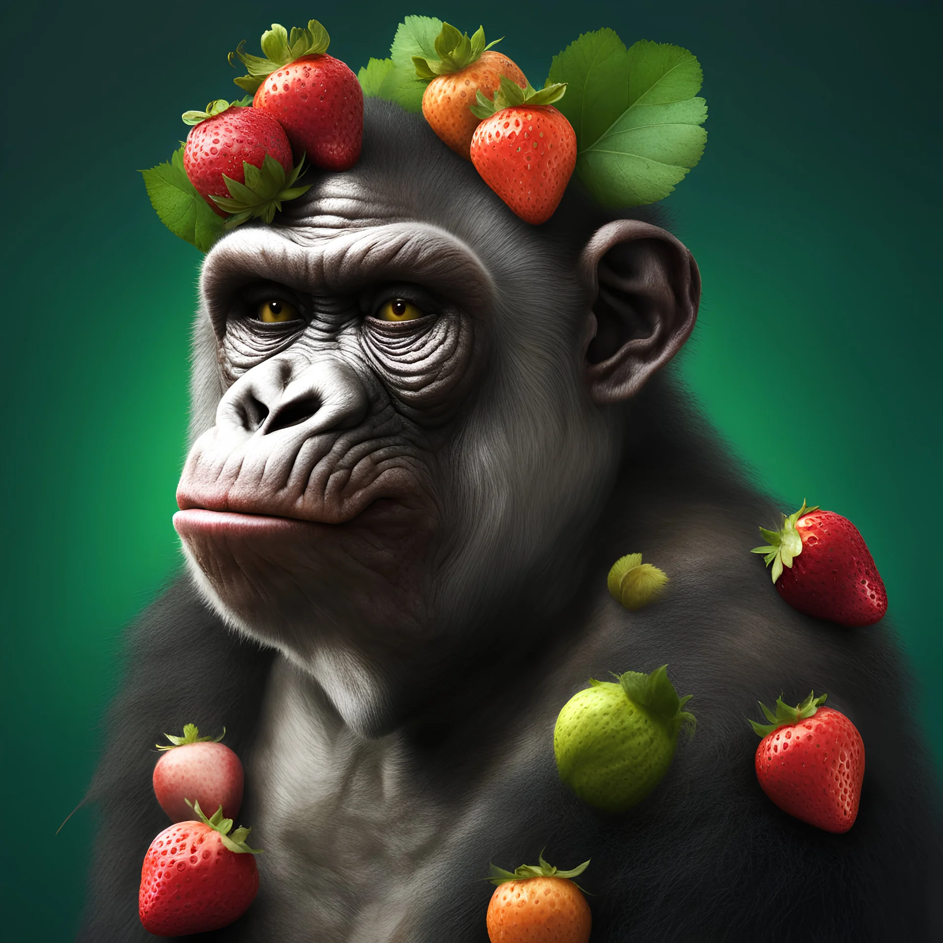 An amusing parody, an old, decomposing zombie witch Gorilla strawberry with pixie-cut hair, wearing rotting clothes, 4k, 8k, 32k UHD, Hyper realistic, extremely colorful, vibrant, photorealistic, realistic, sharp, highly detailed, professional quality,