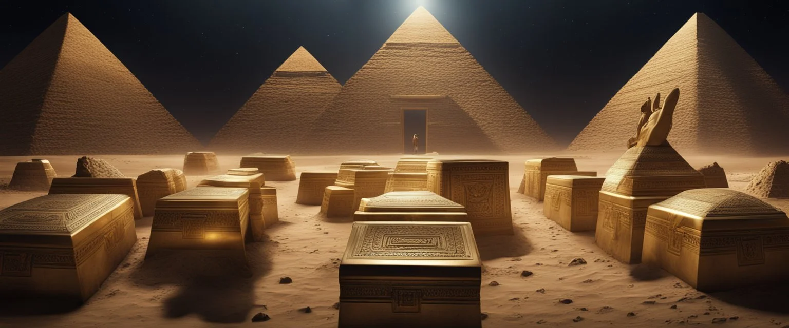 Hyper Realistic aliens inside Egyptian Pyramids with lots of gold & pharaoh coffins at dark night