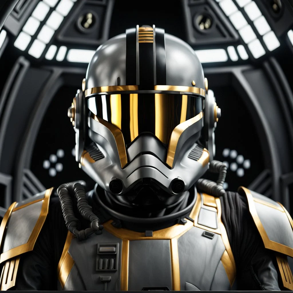 star wars bald male corellian pilot wearing gunmetal grey and black First Order special forces TIE pilot armored flightsuit and helmet with gold trim inside the jedi temple, centered head and shoulders portrait, hyperdetailed, dynamic lighting, hyperdetailed background, 8k resolution, volumetric lighting, light skin, fully symmetric details