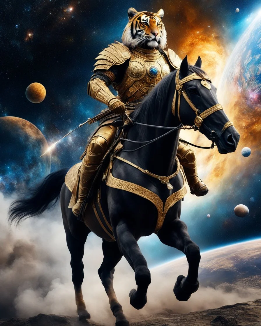 Realistic photography take photoshoot from far,front view of a humanoid warrior tiger wearing clothing armor golden ,on riding a black horse , flying in space, on galaxy surrounded by planets