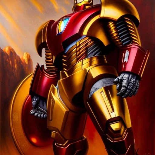 fullbody portrait in oil on canvas of Ultron Villain with Big Golden and Red Hulkbuster armor, intense stare, masterpiece, realistic, intricate detail, sci-fi fantasy style, volumetric lighting, particles, highly detailed ,cinematic , deep colours, 8k, by Kaare Andrew and Robert E Howard and Ken Kelly