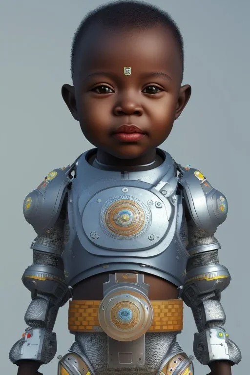 african baby head portrait, warrior costume, 3d, village, robot, fetus, 8k quality