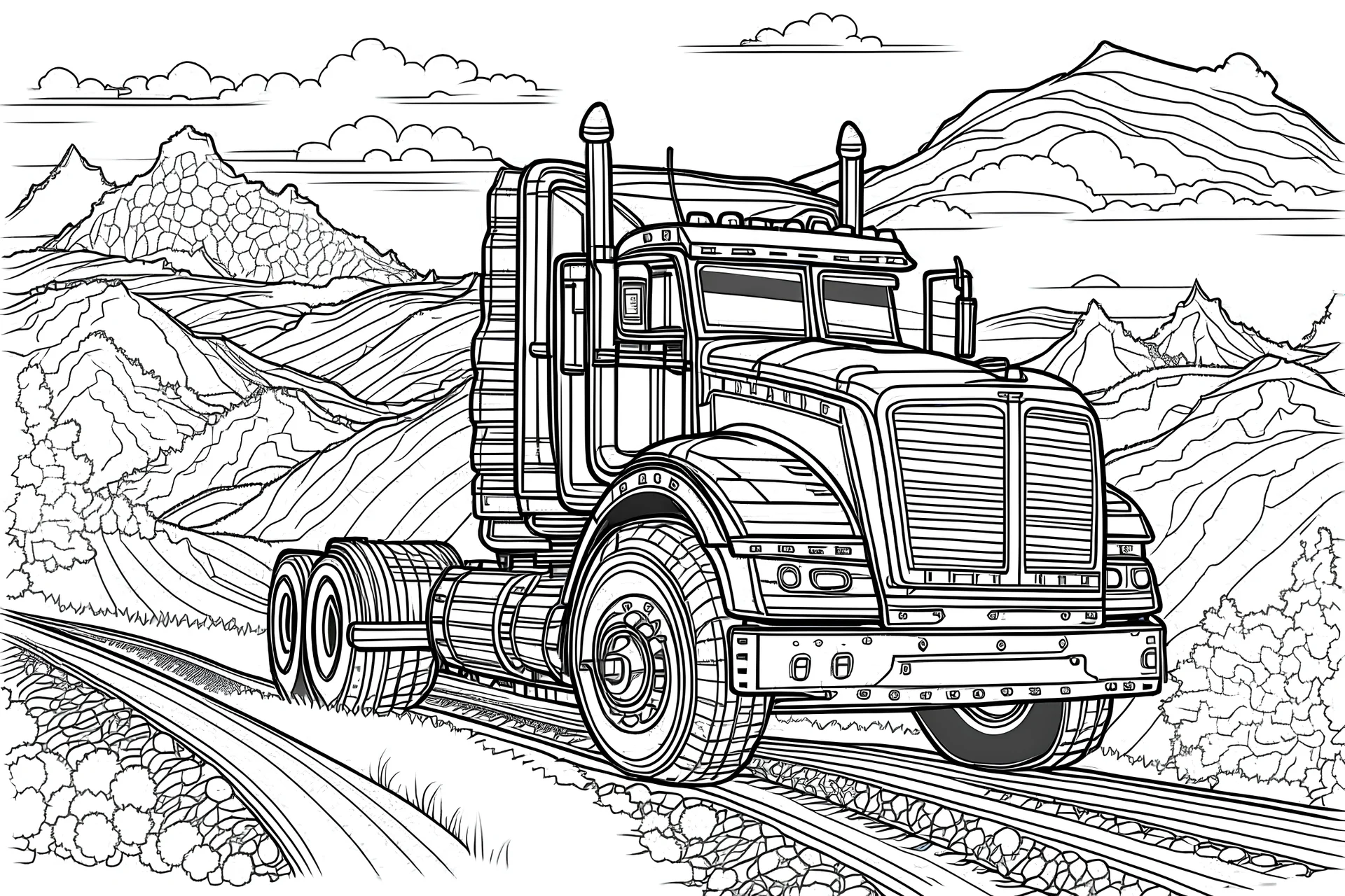 truck monster in the middle of the highway around the hill. Outline, sketch style, only use outline, mandala style, clean line art, white background, no shadows, no clear wall, coloring page, vector style.