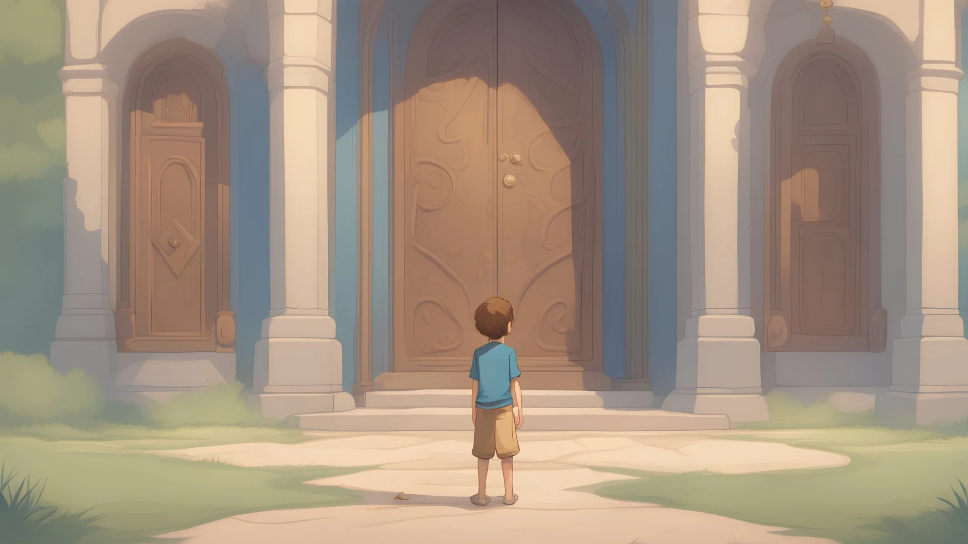 A closed magic portal, in front of which stands a boy with brown hair, a blue shirt and beige shorts