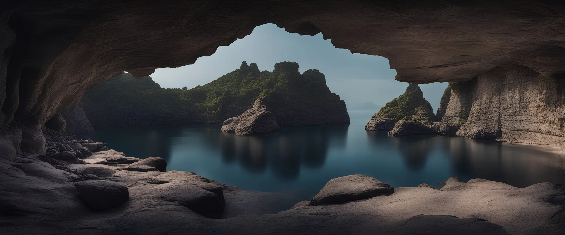 podium for meditation, rocky cave . rocky cliff, water , carved into the rock, dark panorama.