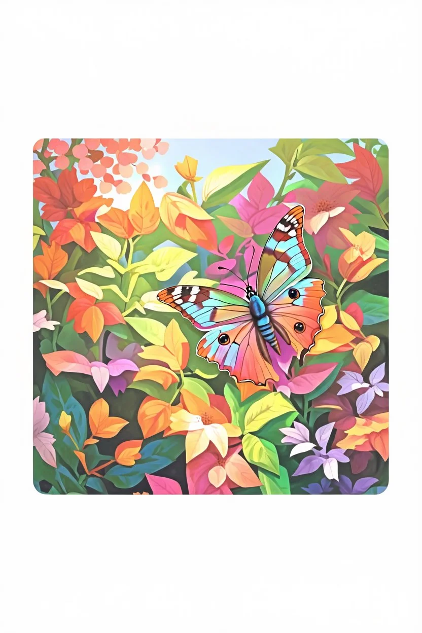 The beautiful butterfly happily sits on a upclose patch of bright green leaves,colorful garden background , child book illustration style, faces must be the same as reference image