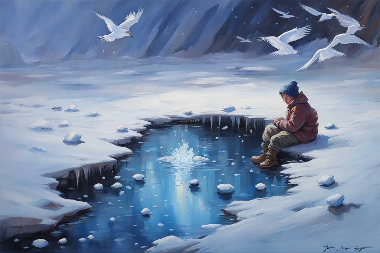 Gems and precious stones, little puddle, space, person, ice, winter, flying birds, fantasy, john singer sangent impressionisn painting