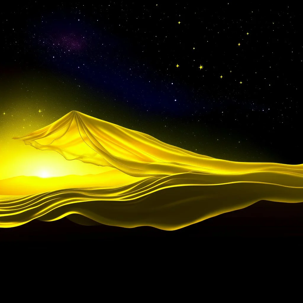 a bed flying through a dark yellow sky, golden mist, flowing fabric, starry night