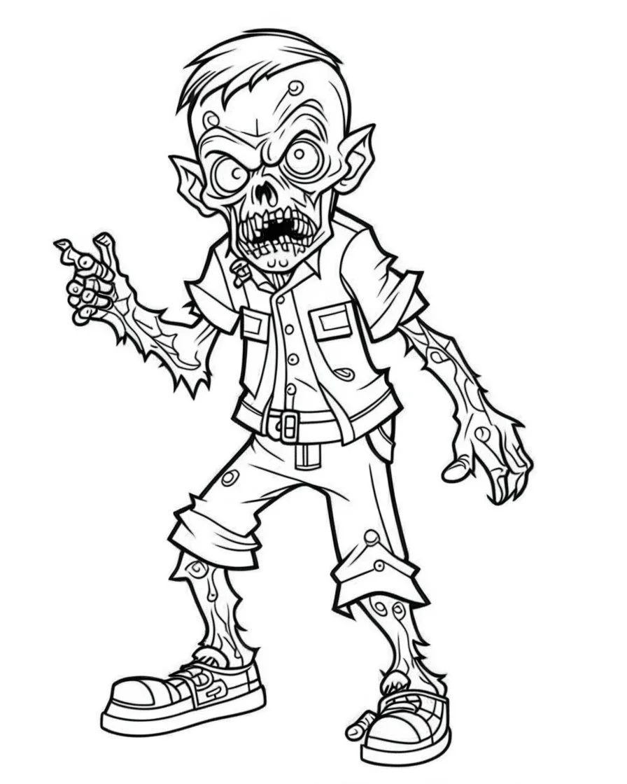 outline art for halloween coloring pages for kids with cartoon cute happy zombie , white background, Sketch style, full body, only use outline, clean line art, white background, no shadows and clear and well outlined, coloring page for kids, kawaii style