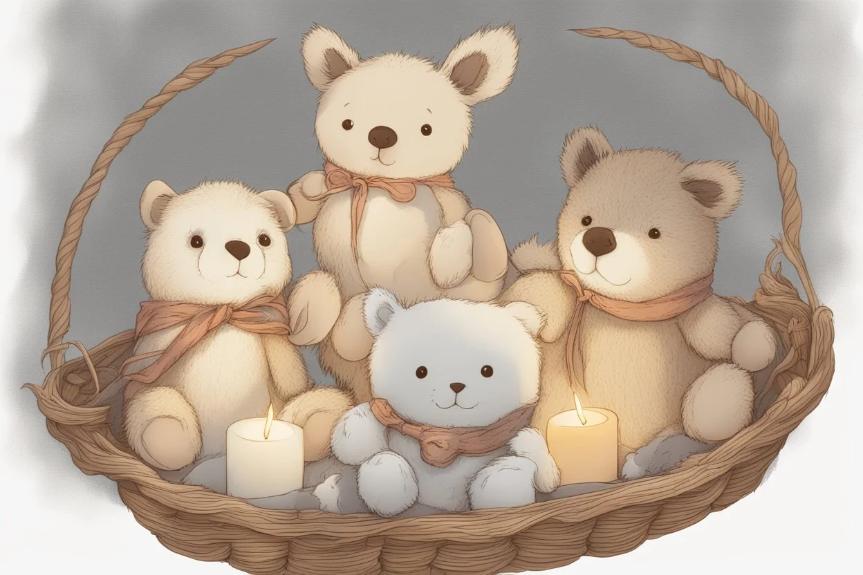 Cute but quirky stuffed animals lie in a carved basket on a soft sling, by candlelight