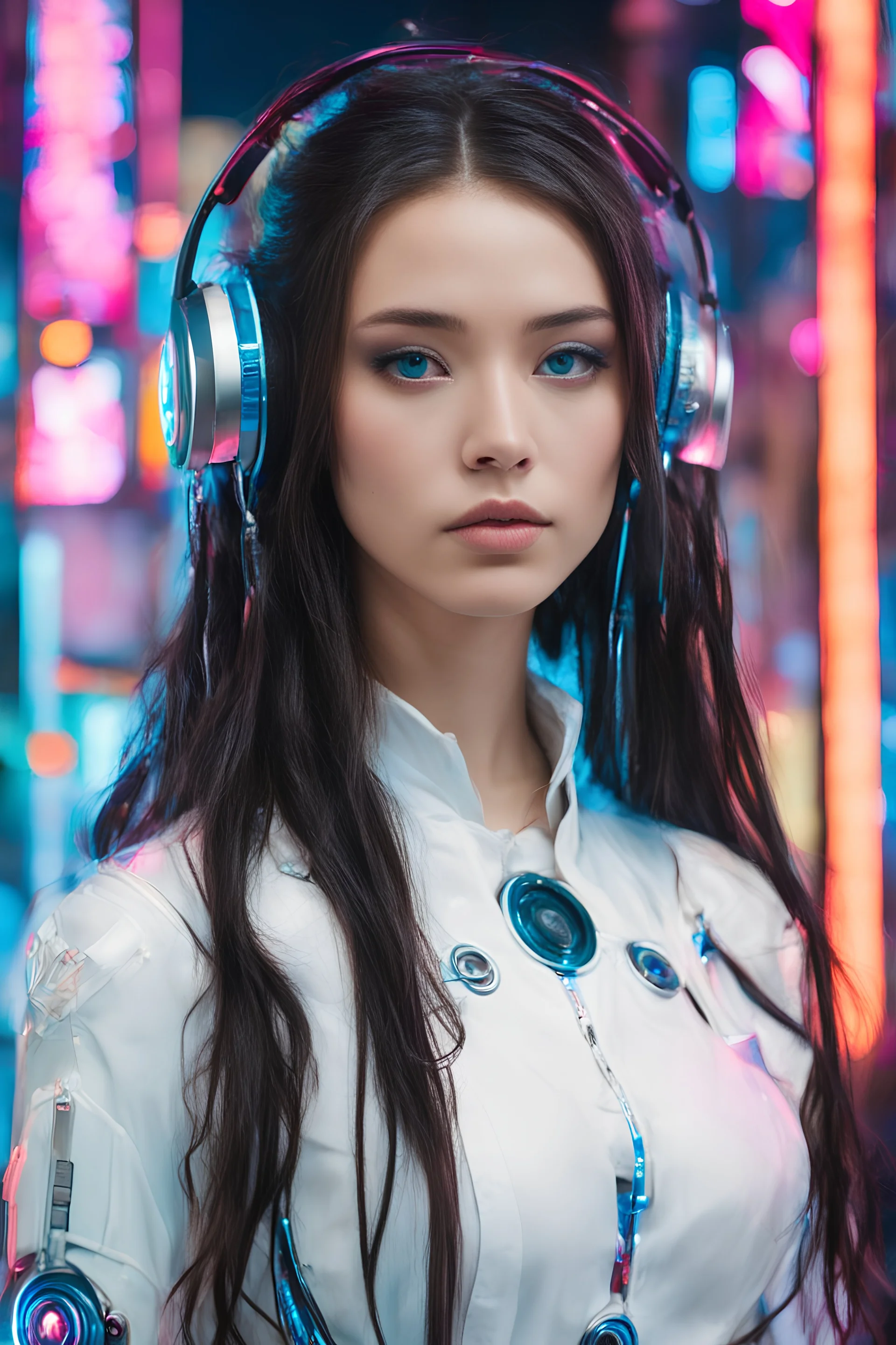 Kodak Vision 2383, full body photo of a mystic cyber droid biotech woman named Lisa Lou, with dark long hair and long model lags, wearing high-tech headphones and a white shirt, The background unfocused pinkish Neon Signs lights, with her "beautiful big blue eyes" she looks directly into the camera, detailed natural skin, retrofuturism, future tech, dramatic cinematic lighting, RAW photo, high detailed Natural skin, film grain, cyberpunk neon look, camera f1.6 lens, rich colors,