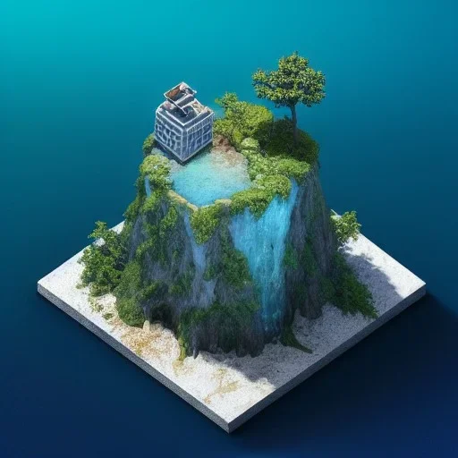 The Isometric Glass Tall Box Mini Model Little Real Island Mixed Water Fall Under Ocean Sunshine Summer Background Blue Sea, The Last Of Us / Avatar, Octane Render / ZBrush, Cinematic, IMAX Film, Nikon D750, 16K, Autostereoscopy, Anthropomorphic, Golden Ratio, Geometry, Symmetric, Depth Of Field, Highly Detailed, Ultra Realistic, Beautiful Lighting, Halfrear Lighting, Soft Light, Candoluminescence, Cast Shadow, Reflective, Glow, Translucent, Normal Map, Carbonated --testp