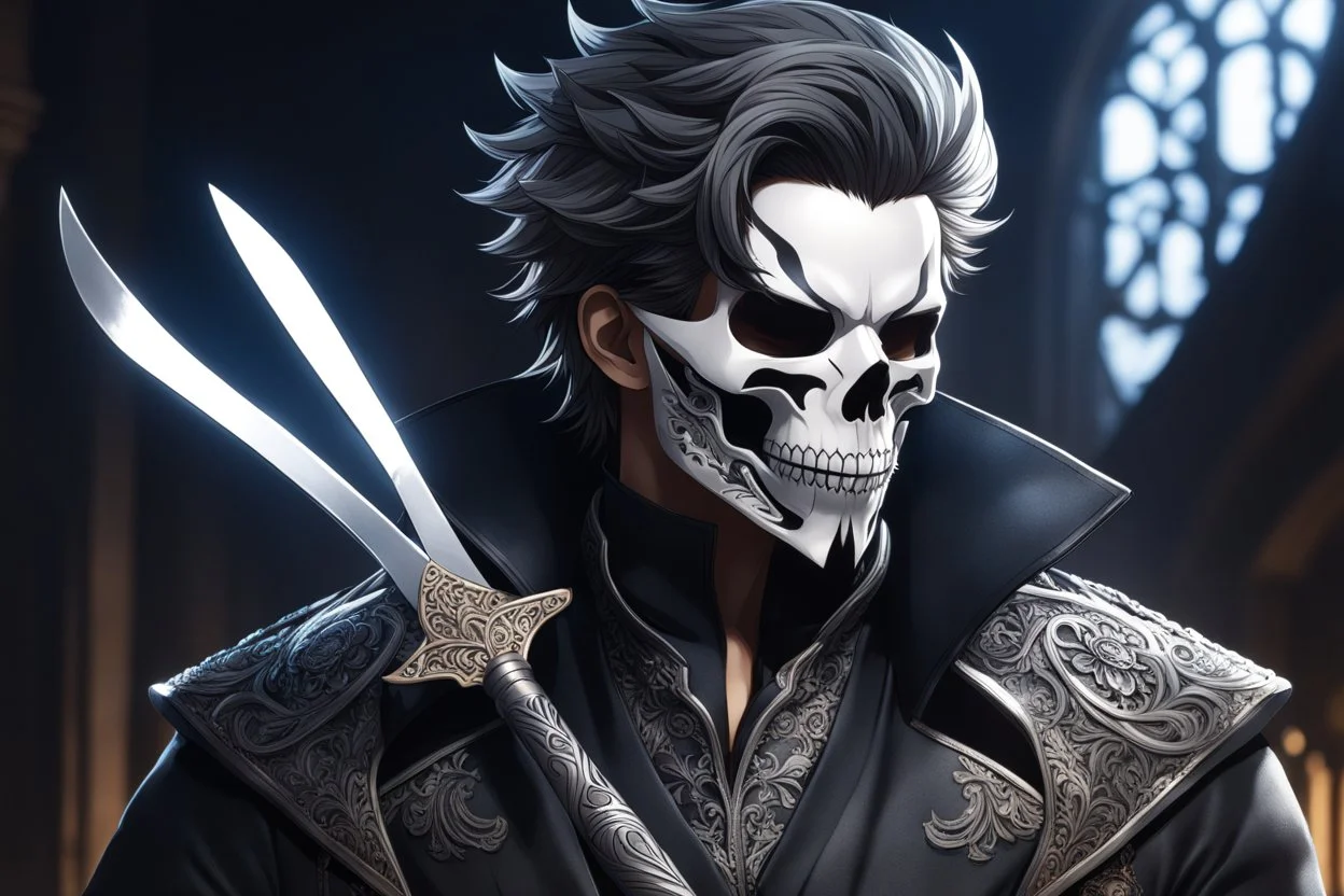 skull, man hair , scissors, mask, cover face in 8k solo leveling shadow artist dynamic pose, oshare kei, hurufiyya, rtx, intricate details, highly detailed, high details, detailed portrait, masterpiece,ultra detailed, ultra quality