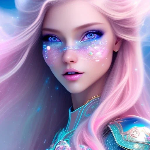  beautiful, soft, whide smile face,whole head, long blonde straight hair, blue eyes, fairy wings on the back, transparent crystal blue and pink clothes, background blue and pink, big definition, 8K