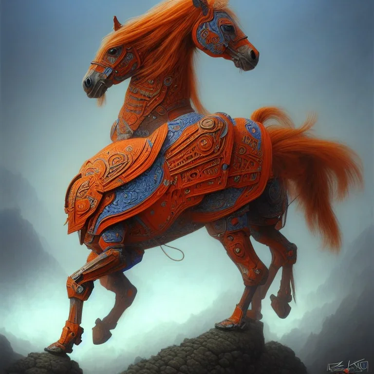 angry horse in orange and blue battle armor, a highly detailed illustration, background of Inka jungle, realistic render, 8 k, micro detail, intricate, elegant, centered, digital painting, Artstation, smooth, sharp focus, illustration, artgerm, tomasz alen kopera, peter mohrbacher, donato giancola, joseph christian leyendecker, wlop, boris vallejo