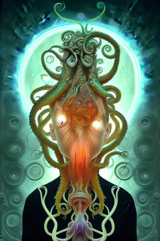 Spiritual being with Tentacles over human Head creating reality around, wrapping Spiral around Human, Psychedelic