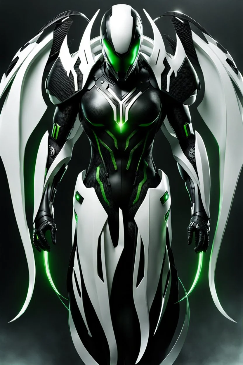 Cyborg symbiote, white color, green color, tendrils, high tech, cyberpunk, biopunk, membrane wings, carbon fiber, cyber tentacles, and the other two.