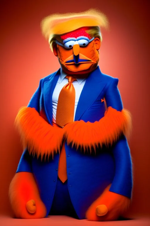 a Film Photograph of an orange Donald Trump Muppet made of felt and fur wearing a dark blue suit and red tie