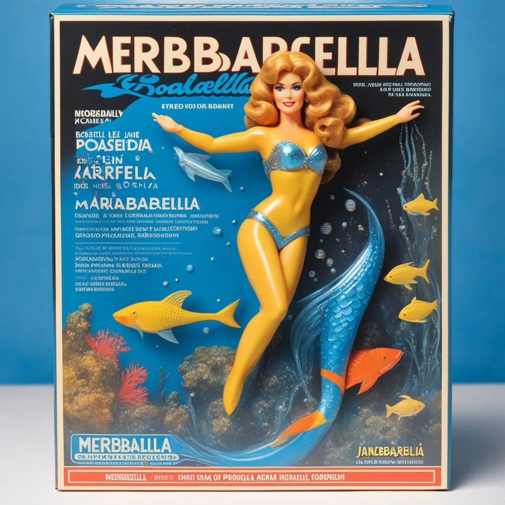 A photograph of a pristine action figure encased in its packaging, evoking a sense of collectible wonder, styled after a vintage toy advertisement. The box prominently displays "Merbarella" in bold, stylized lettering, with the action figure inside clearly resembling youthful Jane Fonda as Barbarella the mermaid, possessing his iconic sci-fi features and her fish tail: her long red curly hair, she wears her iconic silver bikini, in the box: a trident and an aquarium